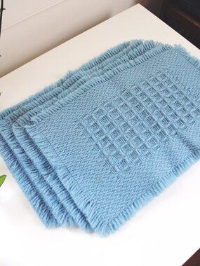 Vintage Blue Woven Placemats Fringe Waffle Grid Basketweave Set Of 4 Cottagecore
